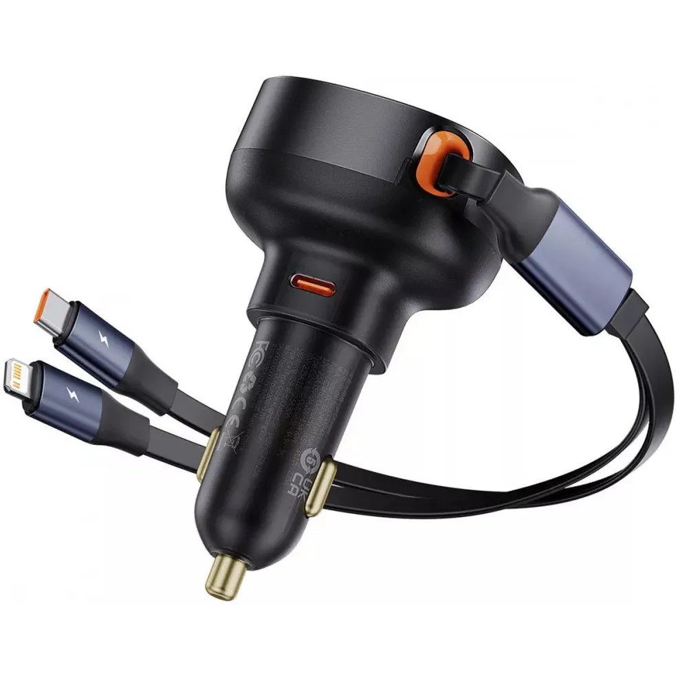 Автомобільний зарядний пристрій Baseus Enjoyment Pro (1USB-C, 2 вбудовані кабелі USB-C/Lightning) 60W Black (C00057802111-00) - мініатюра 3
