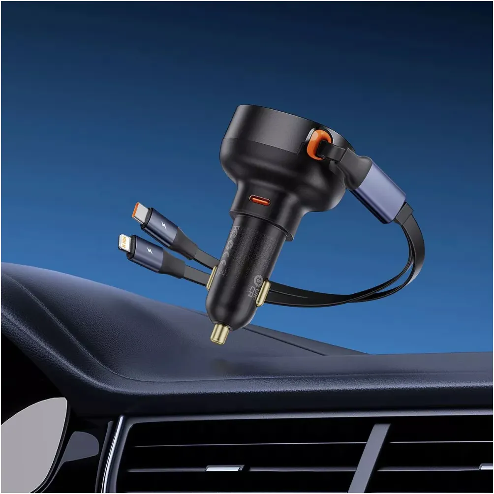 Автомобільний зарядний пристрій Baseus Enjoyment Pro (1USB-C, 2 вбудовані кабелі USB-C/Lightning) 60W Black (C00057802111-00) - мініатюра 8
