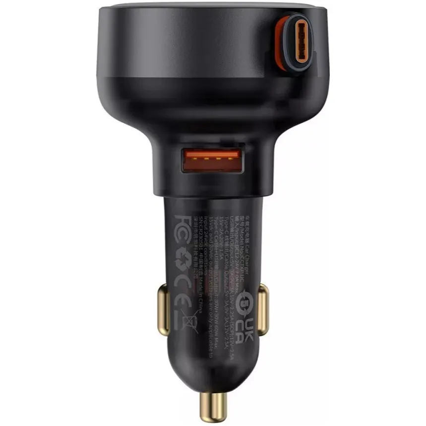 Автомобільний зарядний пристрій Baseus Enjoyment Pro (1USB, вбудований кабель USB Type-C) 60W Black (C00057800111-00) - мініатюра 2