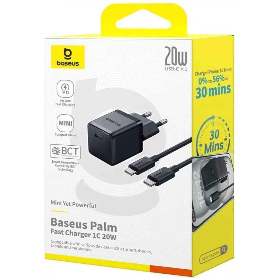 Мережевий зарядний пристрій Baseus Palm Fast Charger 1C (1USB-C) 20W Black (P10111602113-01) + кабель USB Type-C 1 м - мініатюра 8
