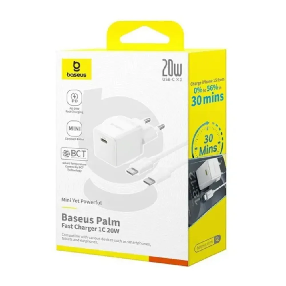 Мережевий зарядний пристрій Baseus Palm Fast Charger 1C (1USB-C) 20W White (P10111602213-01) + кабель USB Type-C 1 м - мініатюра 6