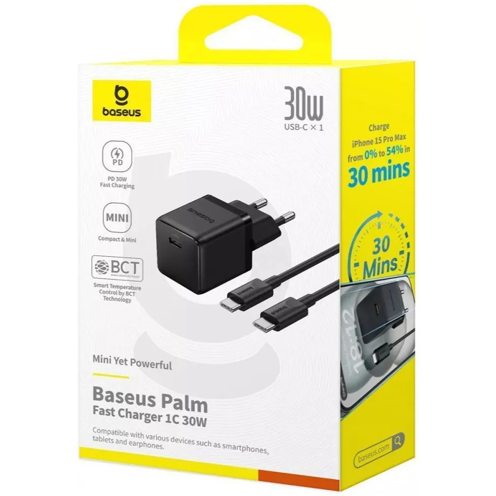 Мережевий зарядний пристрій Baseus Palm Fast Charger 1C (1USB-C) 30W Black (P10111605113-01) + кабель USB Type-C 1 м - мініатюра 8