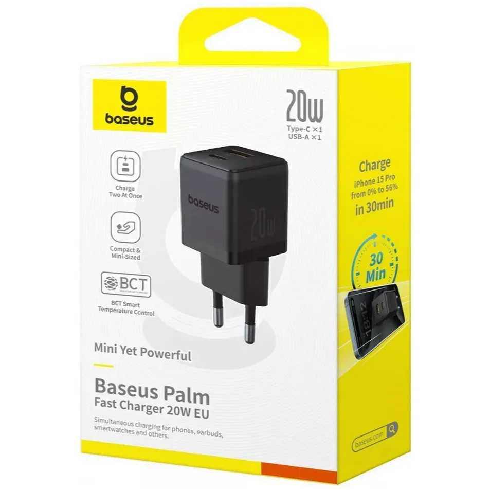 Мережевий зарядний пристрій Baseus Palm Fast Charger C+U (1USB, 1USB-C) 20W Black (P10111608113-00) - мініатюра 7