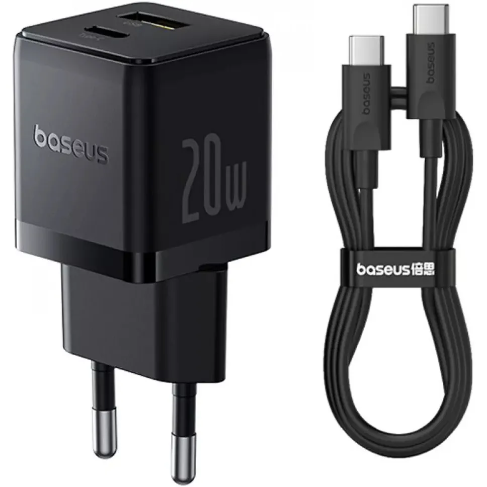 Мережевий зарядний пристрій Baseus Palm Fast Charger C+U (1USB, 1USB-C) 20W Black (P10111608113-01) + кабель USB Type-C 1 м - зображення 1