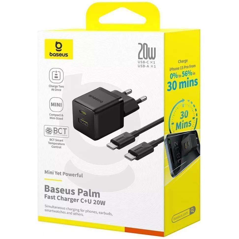 Мережевий зарядний пристрій Baseus Palm Fast Charger C+U (1USB, 1USB-C) 20W Black (P10111608113-01) + кабель USB Type-C 1 м - мініатюра 10