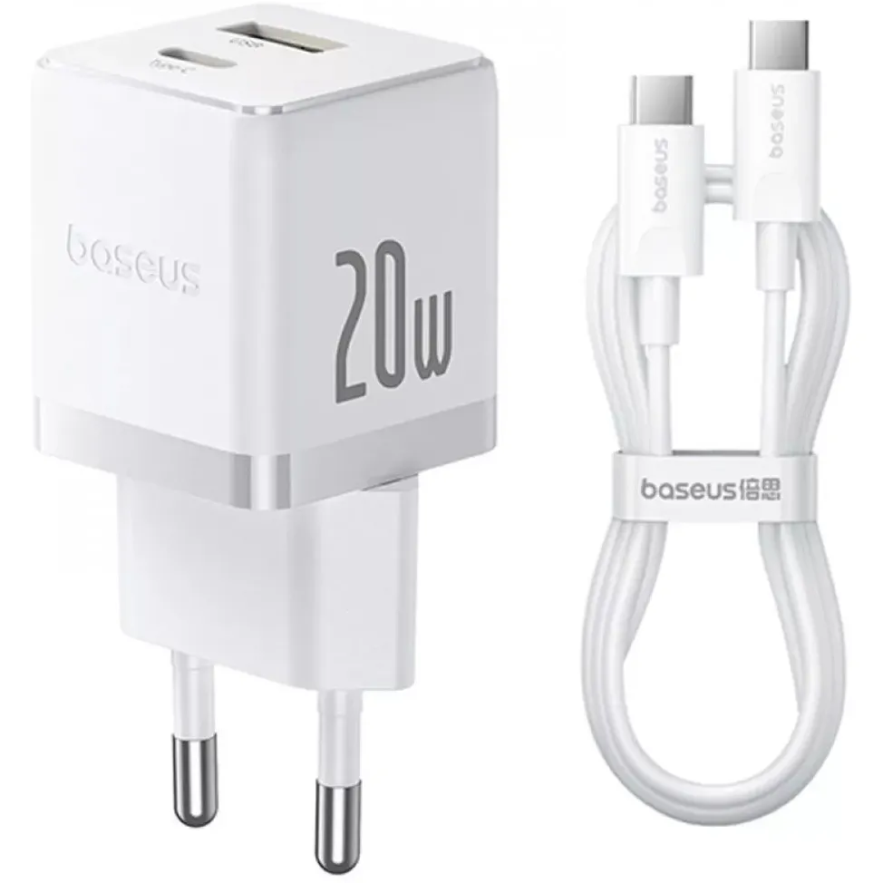Мережевий зарядний пристрій Baseus Palm Fast Charger C+U (1USB, 1USB-C) 20W White (P10111608213-01) + кабель USB Type-C 1 м - зображення 1