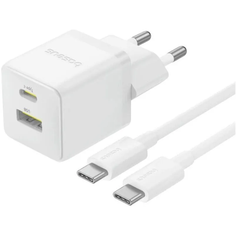 Мережевий зарядний пристрій Baseus Palm Fast Charger C+U (1USB, 1USB-C) 30W White (P1011160A213-01) + кабель USB Type-C 1 м - зображення 1
