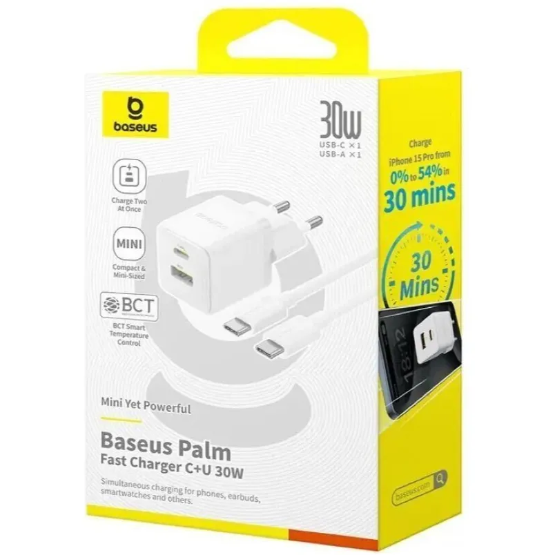 Мережевий зарядний пристрій Baseus Palm Fast Charger C+U (1USB, 1USB-C) 30W White (P1011160A213-01) + кабель USB Type-C 1 м - мініатюра 4