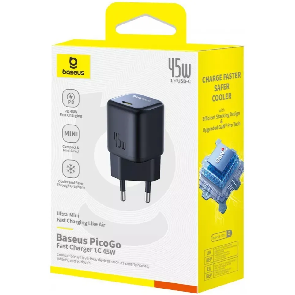 Мережевий зарядний пристрій Baseus PicoGo GaN Fast Charger 1C (1USB-C) 45W Black (P10176800123-00) - мініатюра 7