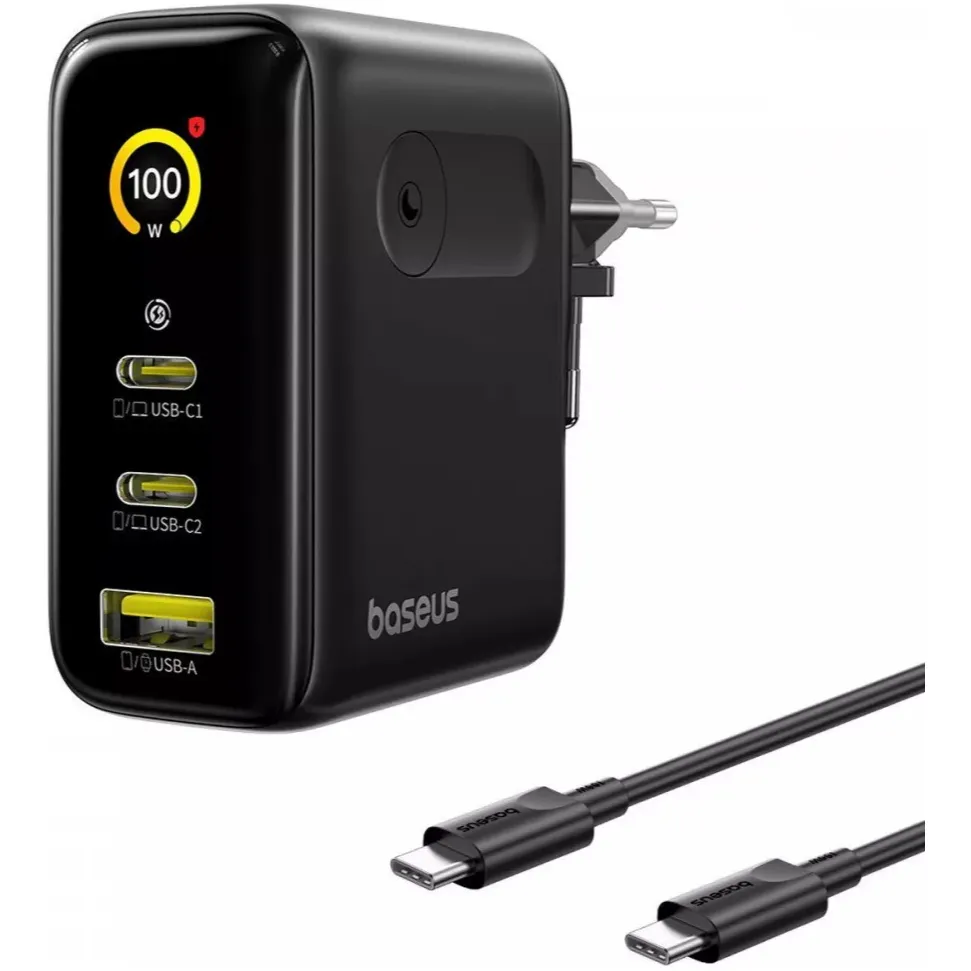 Мережевий зарядний пристрій Baseus PicoGo AE21 (2USB-C, 1USB) 100W Black (E0121B00) + кабель USB Type-C 1,5 м - зображення 1