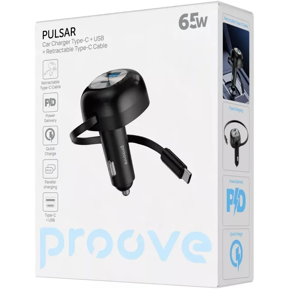 Автомобільний зарядний пристрій Proove Pulsar (1USB, 1USB-C, вбудований кабель USB-C) 65W Black (CCPR65110001) - мініатюра 6