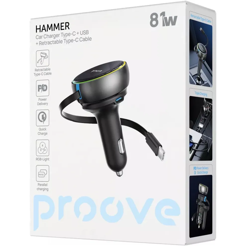 Автомобільний зарядний пристрій Proove Hammer (1USB, 1USB-C, вбудований кабель USB-C) 81W Black (CCHR81110001) - мініатюра 7