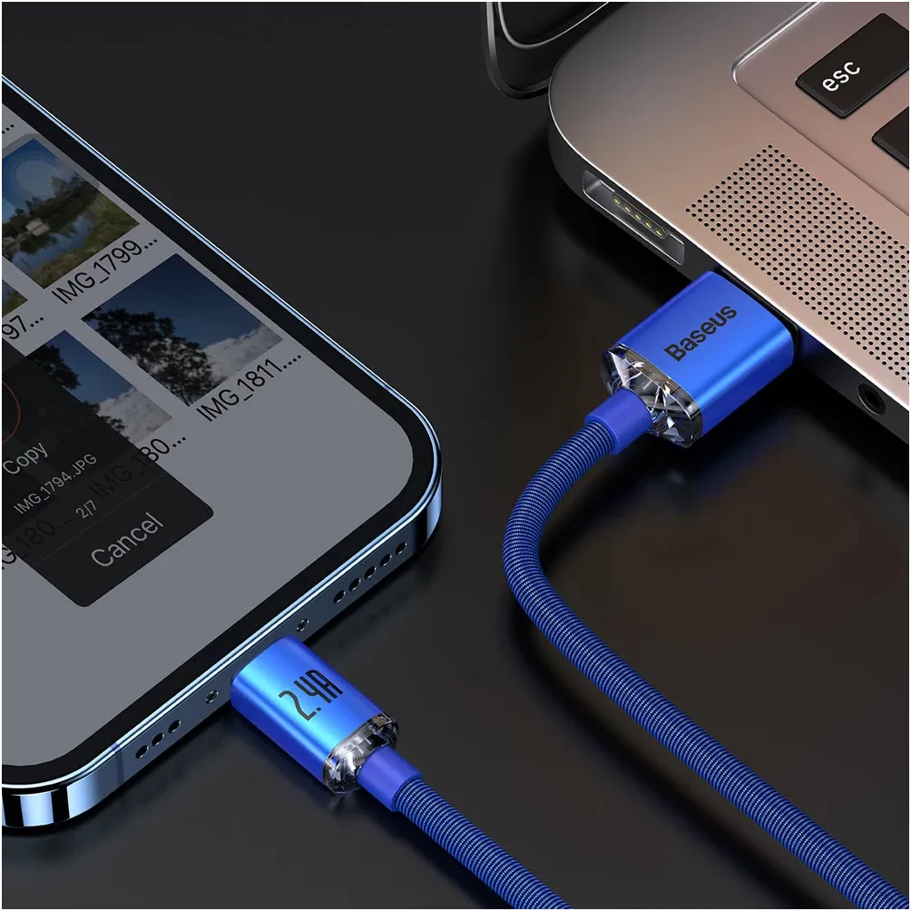 Кабель Baseus Crystal Shine Series Fast Charging USB Type-A - Lightning (M/M), 2.4A, 1.2 м, Blue (CAJY000003) - мініатюра 8