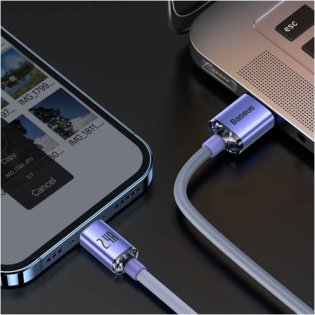 Кабель Baseus Crystal Shine Series Fast Charging USB Type-A - Lightning (M/M), 2.4A, 1.2 м, Purple (CAJY000005) - мініатюра 8
