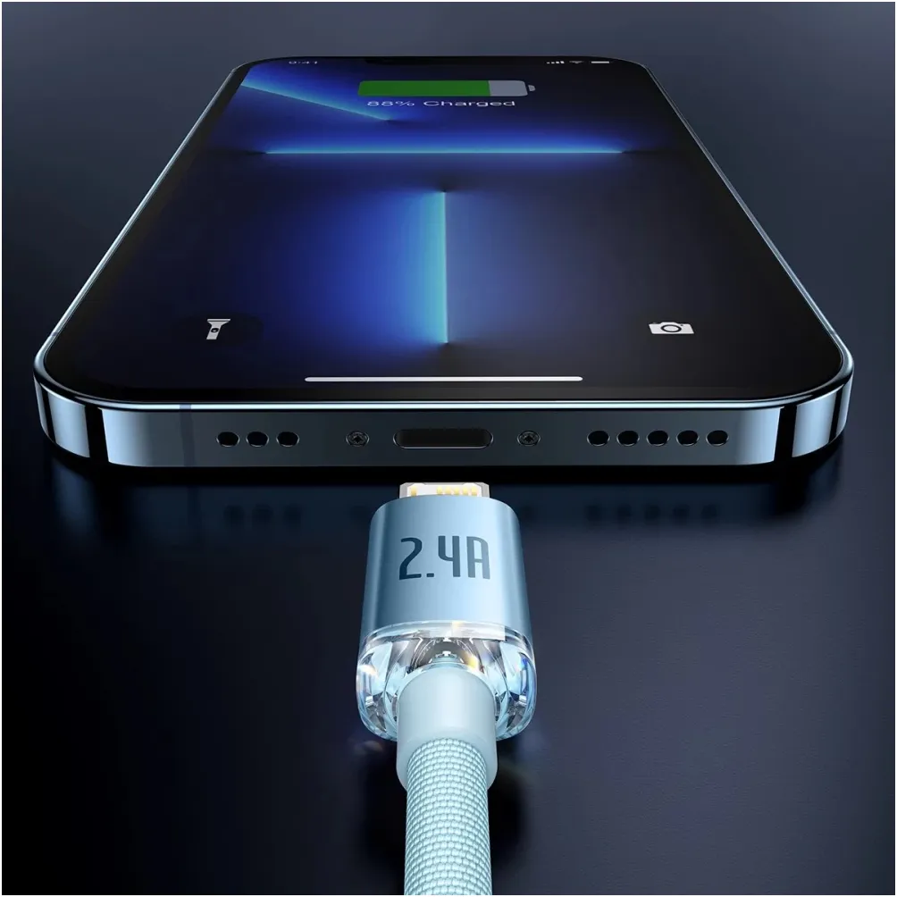 Кабель Baseus Crystal Shine Series Fast Charging USB Type-A - Lightning (M/M), 2.4A, 1.2 м, Sky Blue (CAJY001103) - мініатюра 10