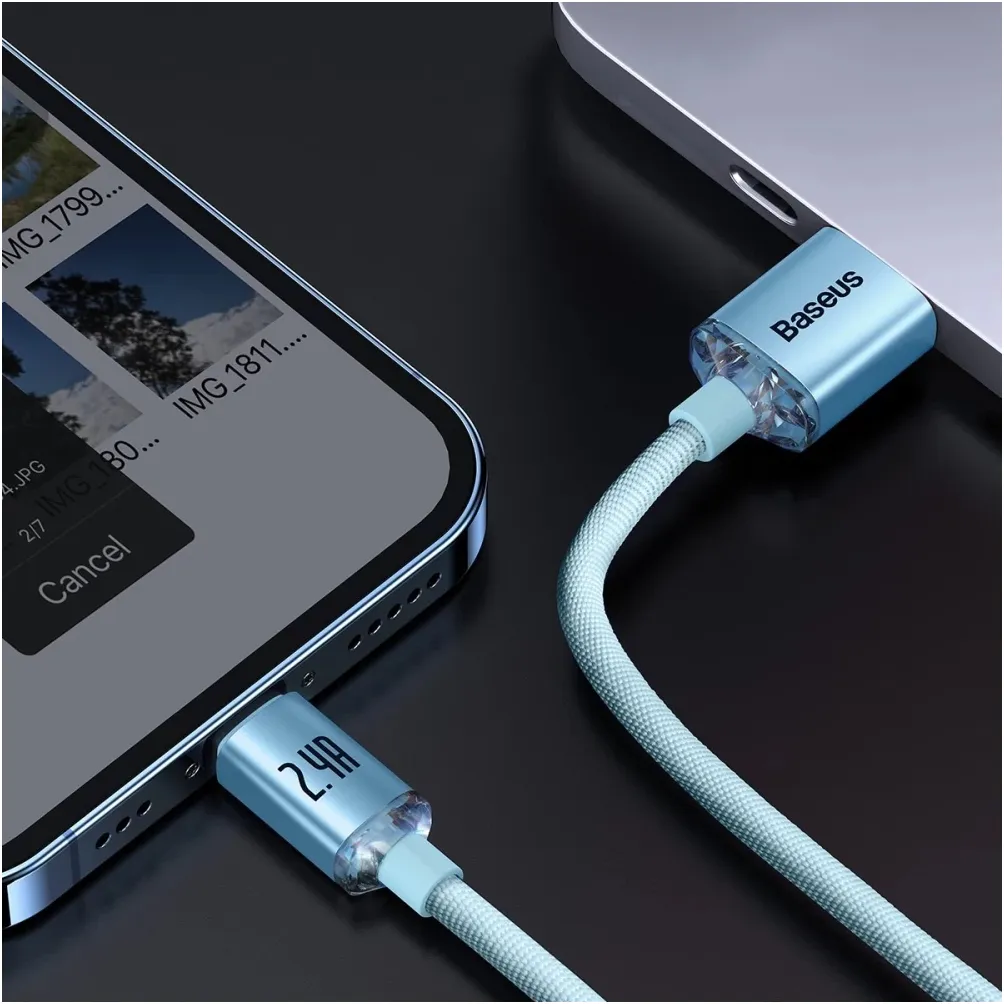 Кабель Baseus Crystal Shine Series Fast Charging USB Type-A - Lightning (M/M), 2.4A, 1.2 м, Sky Blue (CAJY001103) - мініатюра 9