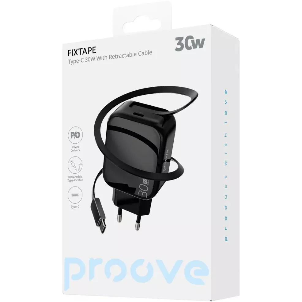 Мережевий зарядний пристрій Proove Fixtape GaN (1USB-C, вбудований кабель USB-C) 30W Black (WCFP30010201) - мініатюра 6