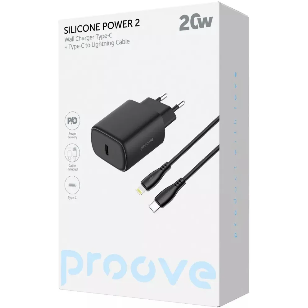 Мережевий зарядний пристрій Proove Silicone Power 2 (1USB-C) 20W Black (WCSP22010001) + кабель USB Type-C 1 м Lightning - мініатюра 5