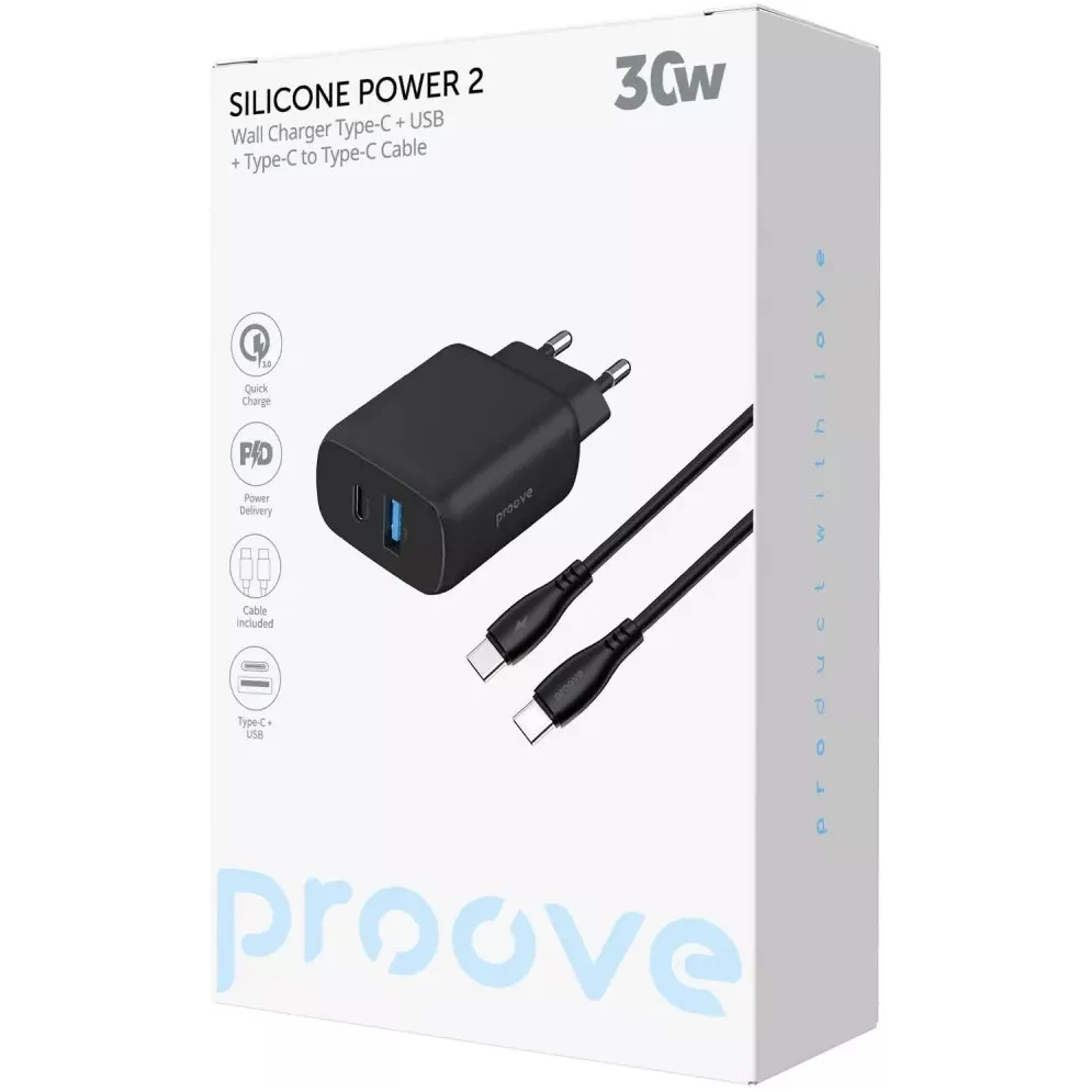 Мережевий зарядний пристрій Proove Silicone Power 2 (1USB-C, 1USB) 30W Black (WCSP23011001) + кабель USB Type-C 1 м - мініатюра 5