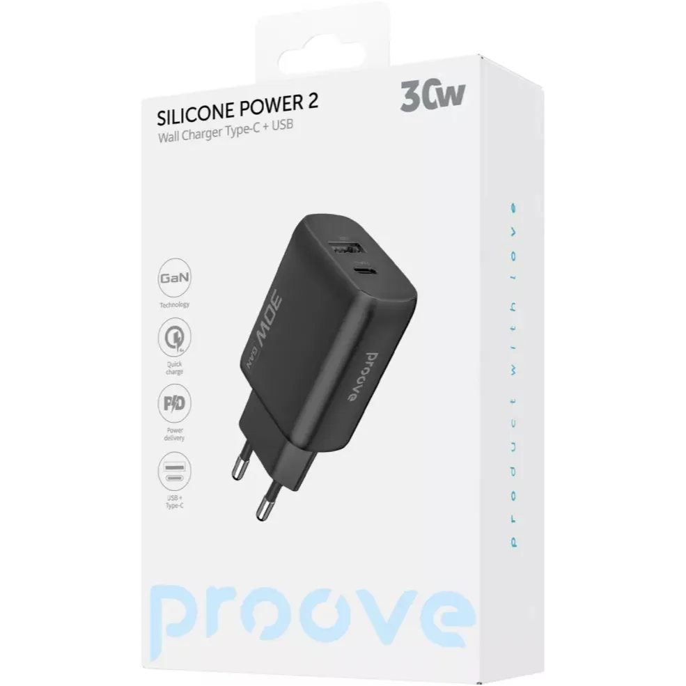 Мережевий зарядний пристрій Proove Silicone Power 2 (1USB-C, 1USB) 30W Black (WCSP23110001) - мініатюра 2