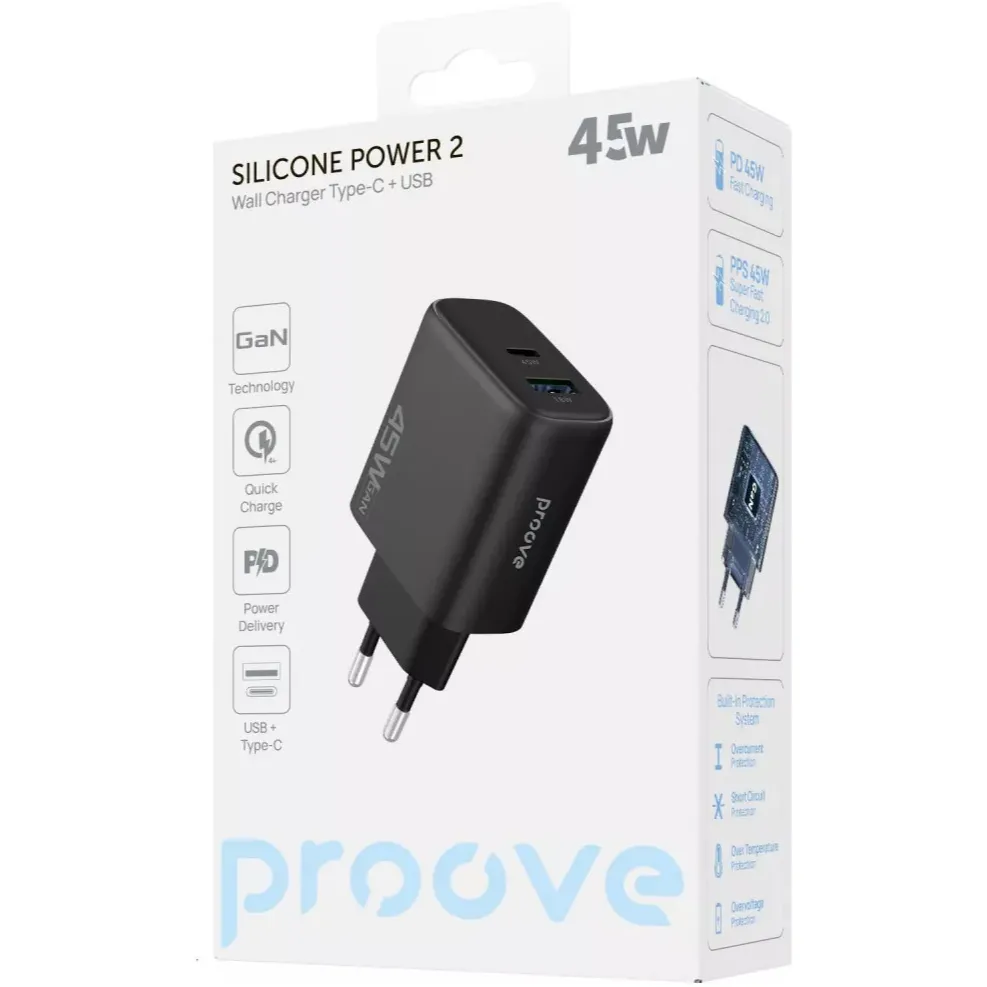 Мережевий зарядний пристрій Proove Silicone Power 2 (1USB-C, 1USB) 45W Black (WCSP24110001) - мініатюра 6