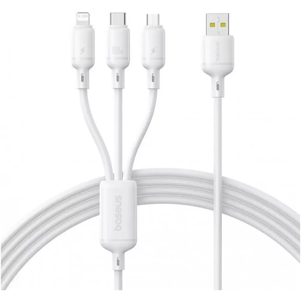 Кабель Baseus Silky One-for-Three Fast Charging USB Type-A - micro USB + Lightning + USB Type-C (M/M), 100W, 1.5 м, White (P10377705213-00) - зображення 1