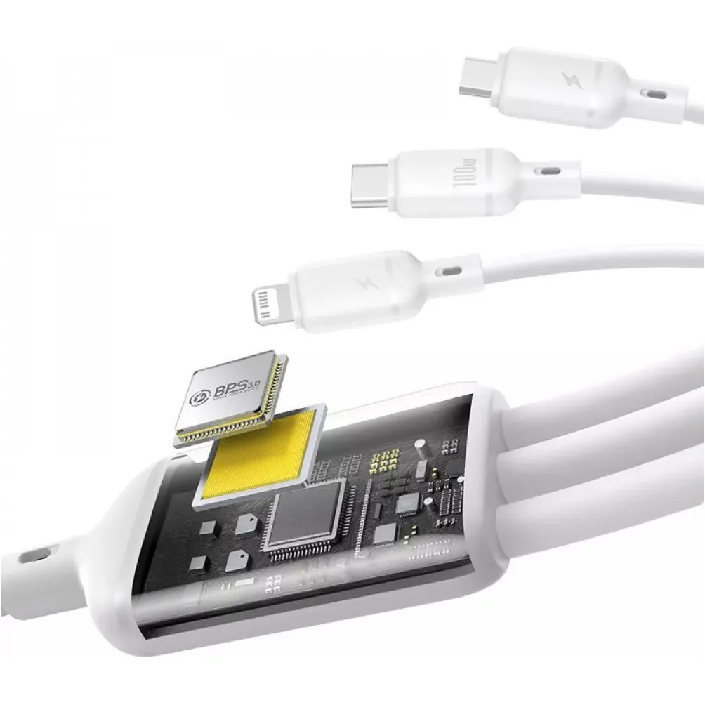 Кабель Baseus Silky One-for-Three Fast Charging USB Type-A - micro USB + Lightning + USB Type-C (M/M), 100W, 1.5 м, White (P10377705213-00) - мініатюра 3