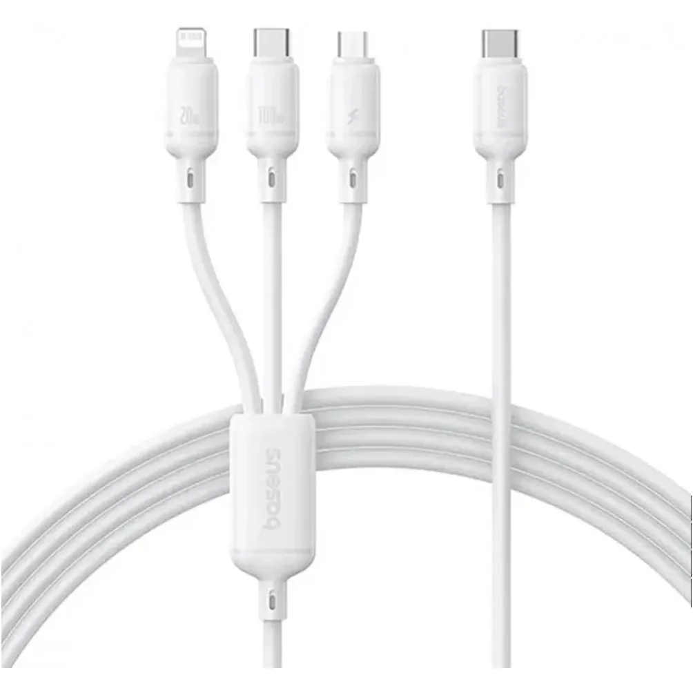 Кабель Baseus Silky One-for-Three Fast Charging USB Type-C - micro USB + Lightning + USB Type-C (M/M), 100W, 1.5 м, White (P10377706213-00) - зображення 1