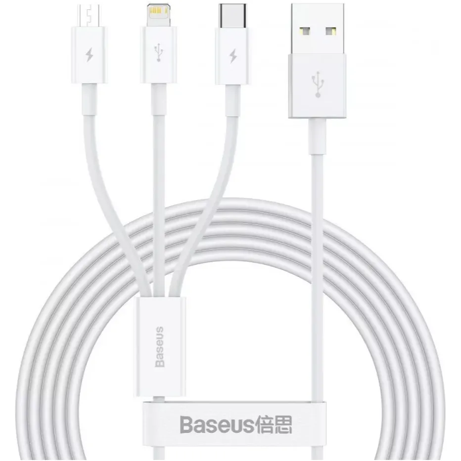 Кабель Baseus Superior Series Fast Charging 3-in-1 USB Type-A - micro USB + Lightning + USB Type-C (M/M), 3.5А, 1.5 м, White (CAMLTYS-02) - зображення 1