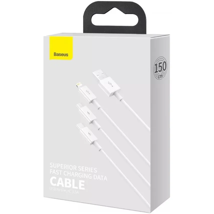 Кабель Baseus Superior Series Fast Charging 3-in-1 USB Type-A - micro USB + Lightning + USB Type-C (M/M), 3.5А, 1.5 м, White (CAMLTYS-02) - мініатюра 4