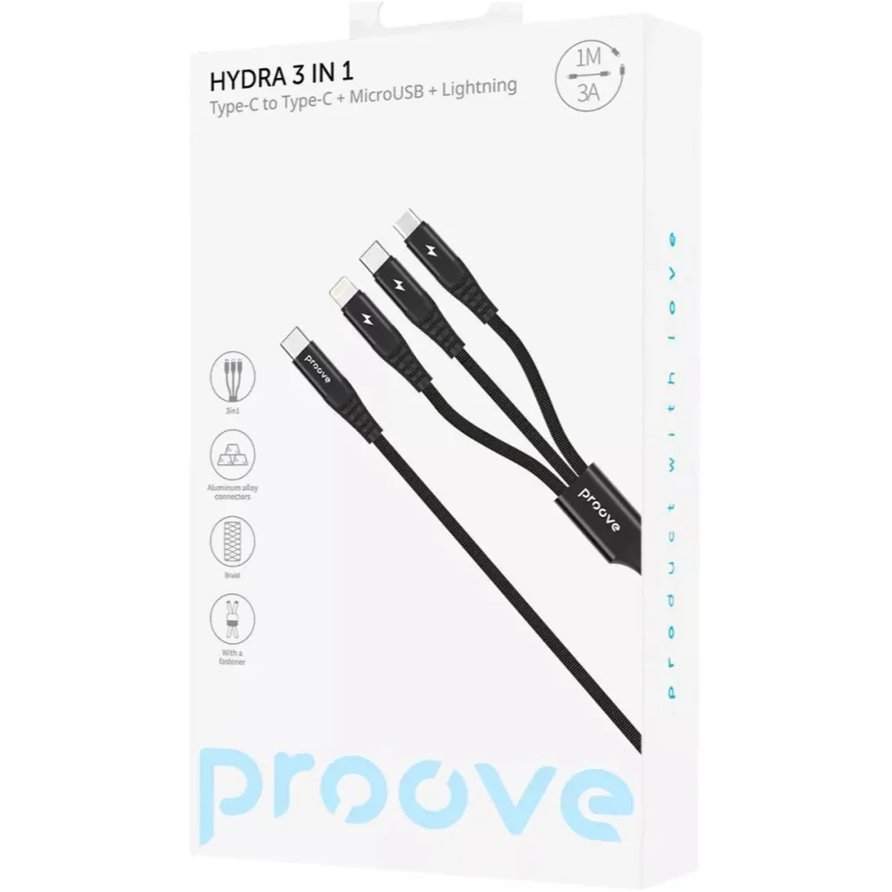 Кабель Proove Hydra 3 in 1 USB Type-C to Type-C + Micro USB + Lightning 15W 1 м, Black (CCHY15012101) - мініатюра 3