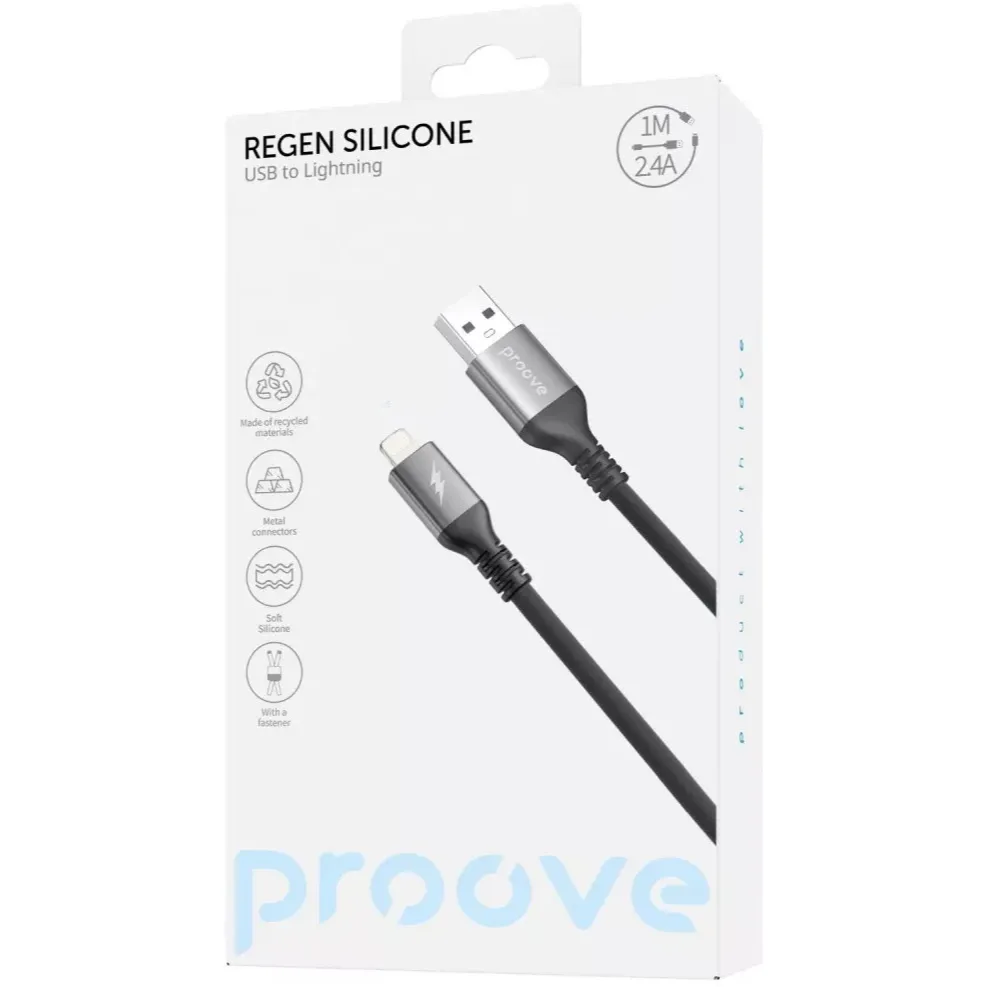 Кабель Proove ReGen Silicone USB-A to Lightning 12W 1 м, Black (CCRS12001101) - мініатюра 2