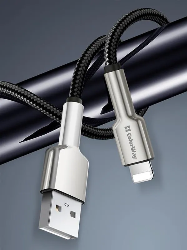 Кабель ColorWay USB - Lightning (M/M), metal head, 2.4 А, 1 м, Black (CW-CBUL046-BK) - мініатюра 6