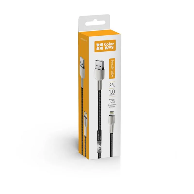 Кабель ColorWay USB - Lightning (M/M), metal head, 2.4 А, 1 м, Black (CW-CBUL046-BK) - мініатюра 8