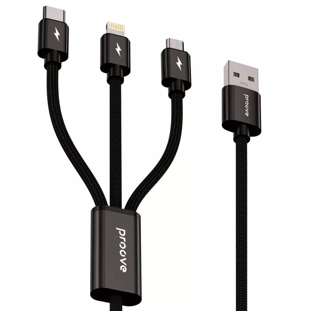 Кабель Proove Triple Connection USB Type-A - Lightning + micro USB + USB Type-C (M/M), 10W, 1.3 м, Black (CCTC15001501) - зображення 1