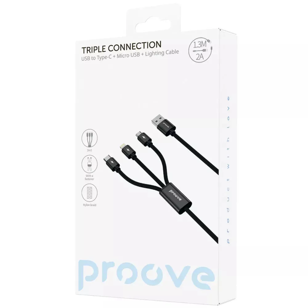 Кабель Proove Triple Connection USB Type-A - Lightning + micro USB + USB Type-C (M/M), 10W, 1.3 м, Black (CCTC15001501) - мініатюра 2