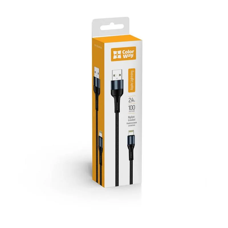 Кабель ColorWay USB - Lightning (M/M), nylon, 2.4 А, 1 м, Black (CW-CBUL045-BK) - мініатюра 10