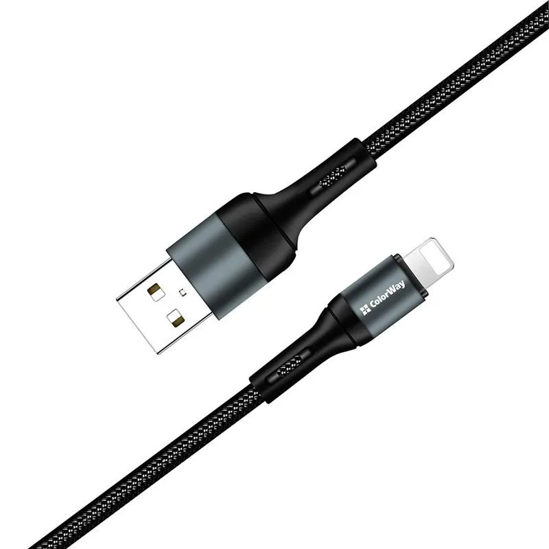 Кабель ColorWay USB - Lightning (M/M), nylon, 2.4 А, 1 м, Black (CW-CBUL045-BK) - мініатюра 3