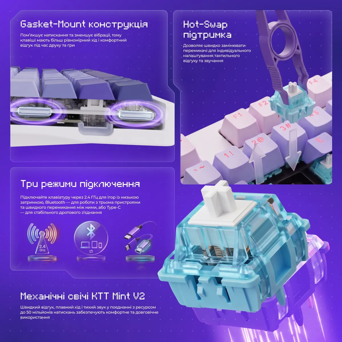 Клавіатура бездротова Proove Gaming Rampage Gradient Purple/White - мініатюра 6