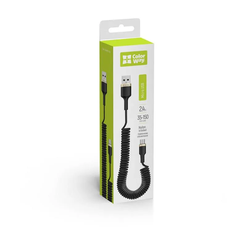 Кабель ColorWay USB - micro USB (M/M), spiral, 2.4 А, 1 м, Black (CW-CBUM051-BK) - мініатюра 4