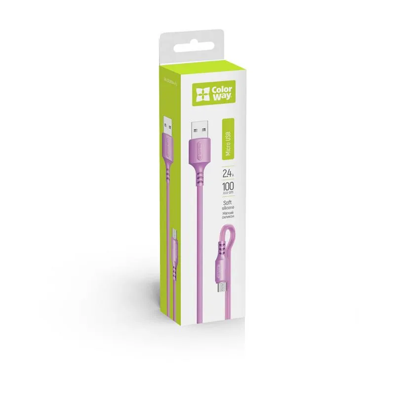 Кабель ColorWay USB - micro USB (M/M), soft silicone, 2.4 А, 1 м, Purple (CW-CBUM044-PU) - мініатюра 7