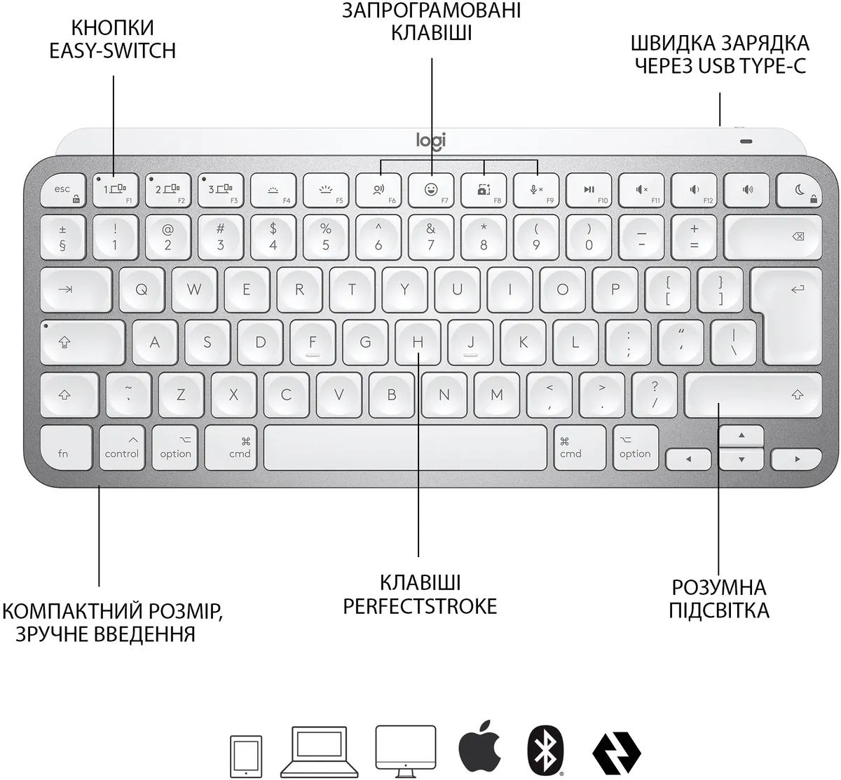 Клавіатура бездротова Logitech MX Keys Mini For Mac Minimalist Wireless Illuminated Pale Grey (920-010526) - мініатюра 6