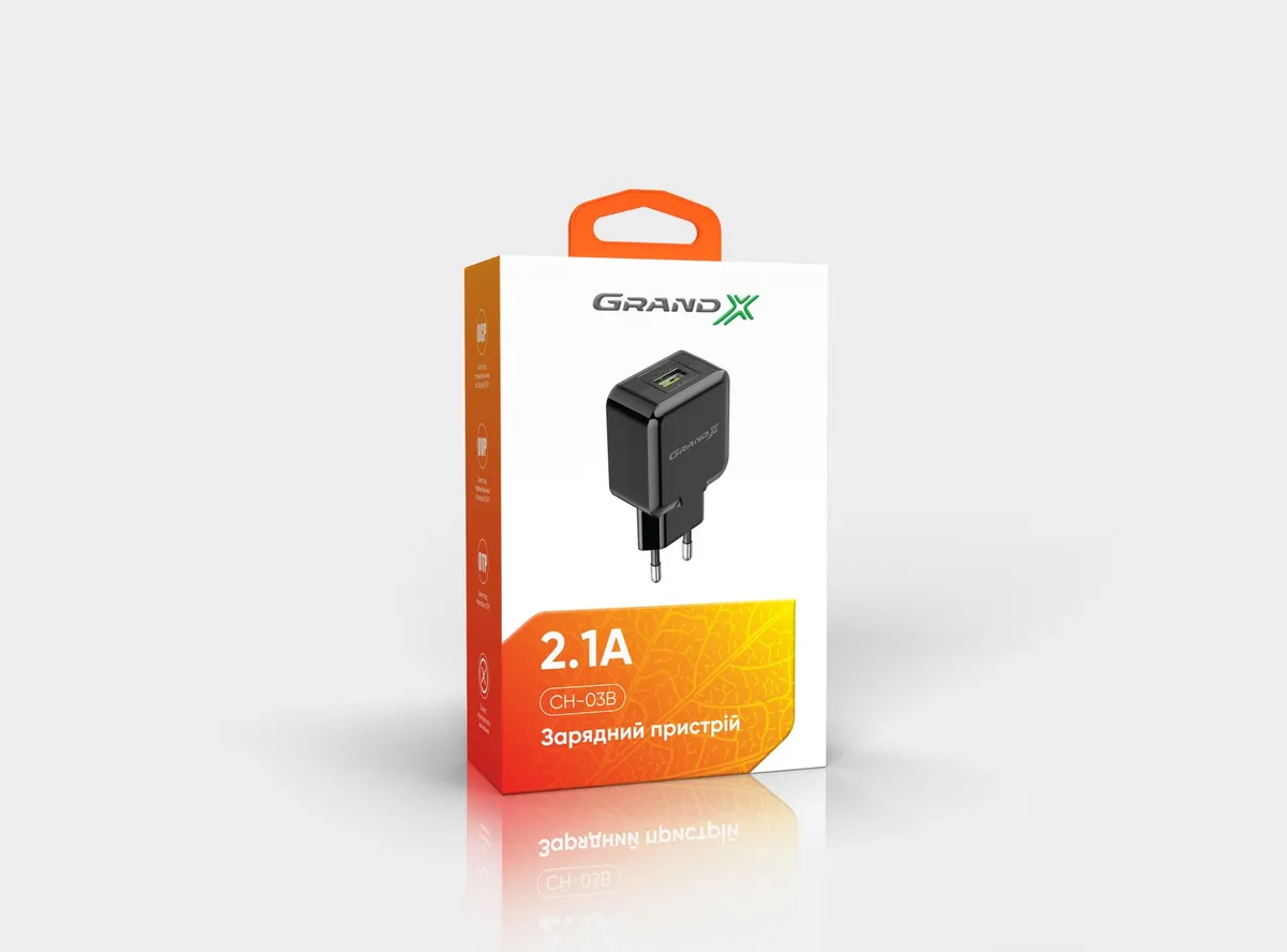 Мережевий зарядний пристрій Grand-X (1xUSB 5В/2.1А) Black (CH-03B) - мініатюра 3