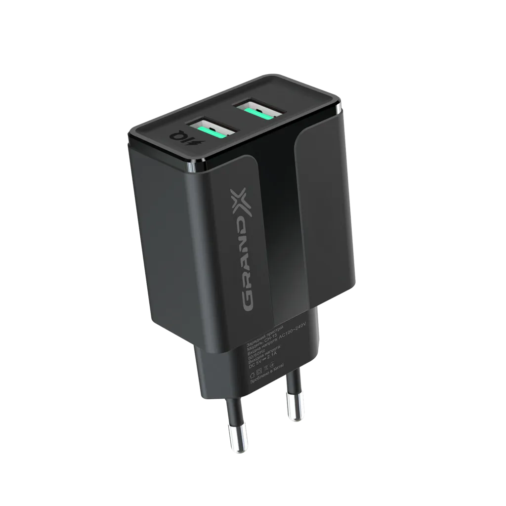 Мережевий зарядний пристрій Grand-X CH-15B (2xUSB 2.1A) Black