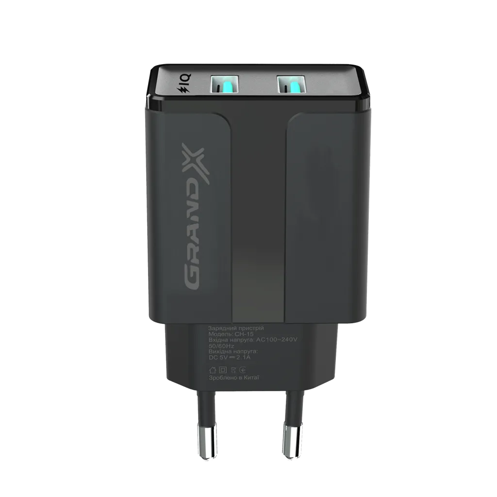 Мережевий зарядний пристрій Grand-X CH-15B (2xUSB 2.1A) Black - мініатюра 2