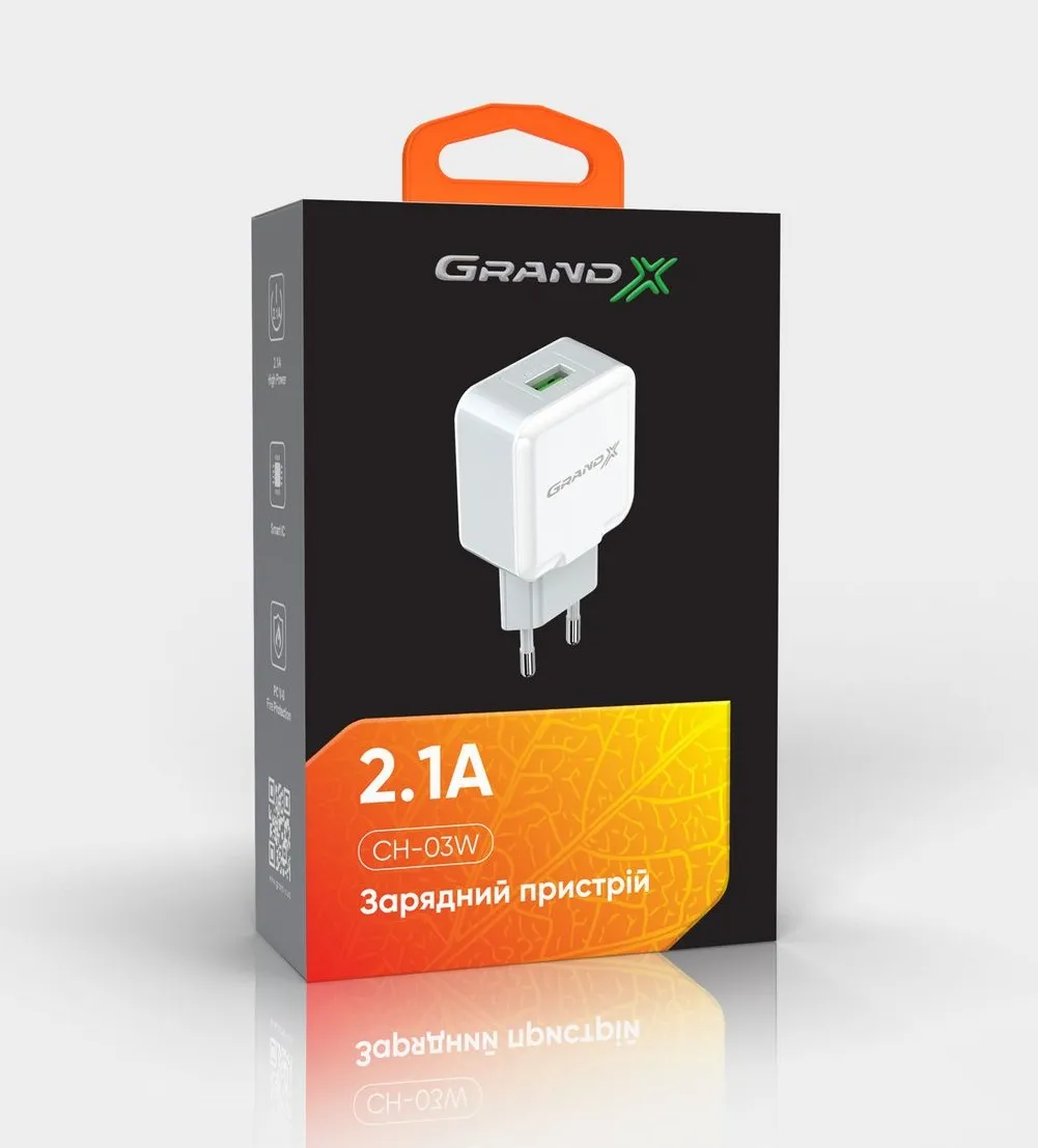 Мережевий зарядний пристрій Grand-X (1xUSB 2.1A) White (CH-03W) - мініатюра 4
