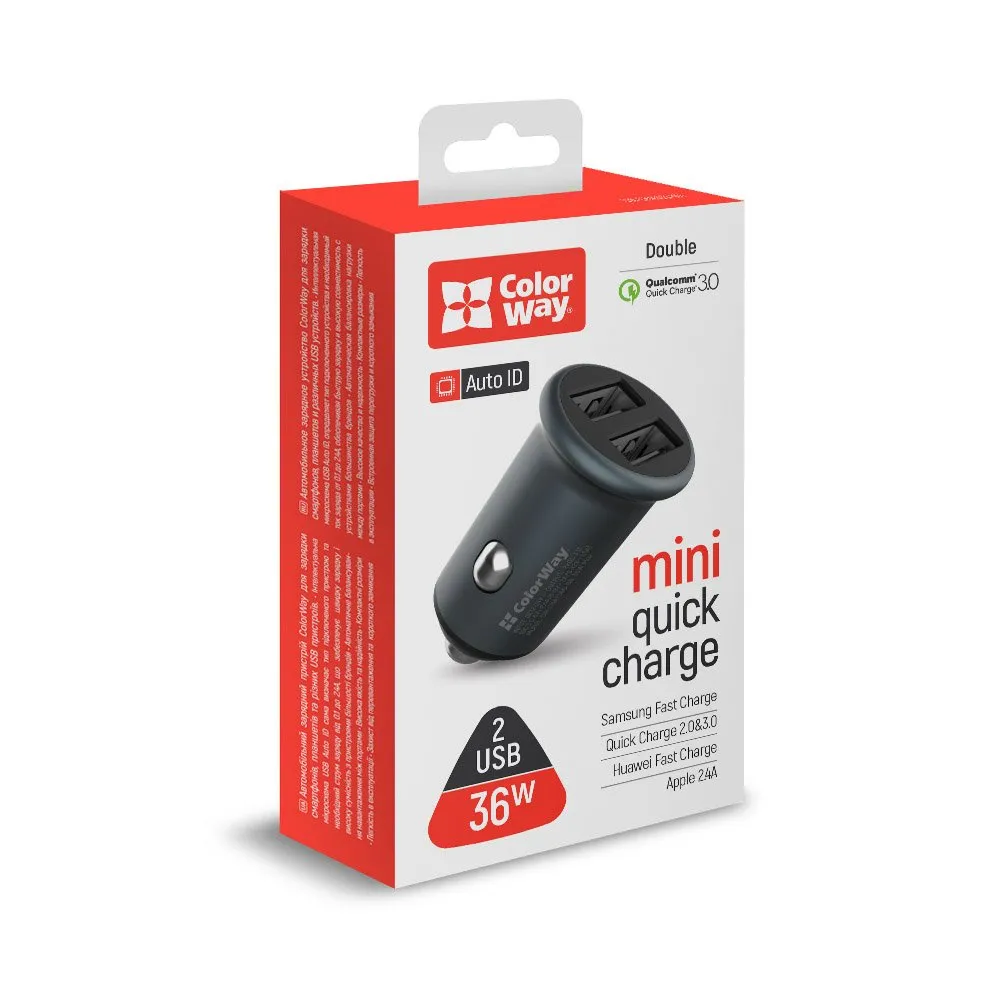 Автомобільний зарядний пристрій ColorWay (2USBx2.4A, 36W) Quick Charge 3.0 Gray (CW-CHA036Q-GR) - мініатюра 8
