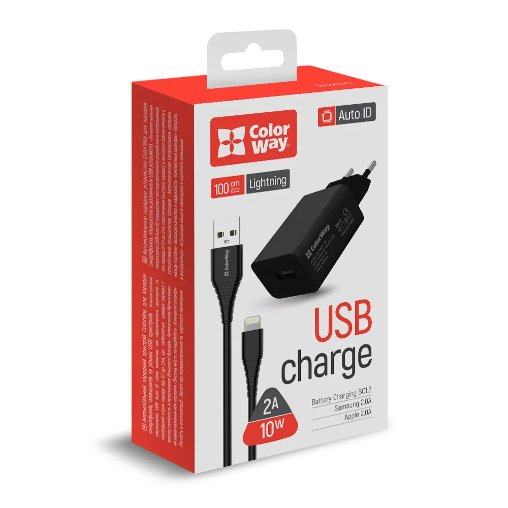 Мережевий зарядний пристрій ColorWay (1USBx2A) Black (CW-CHS012CL-BK) + кабель Lightning - мініатюра 3