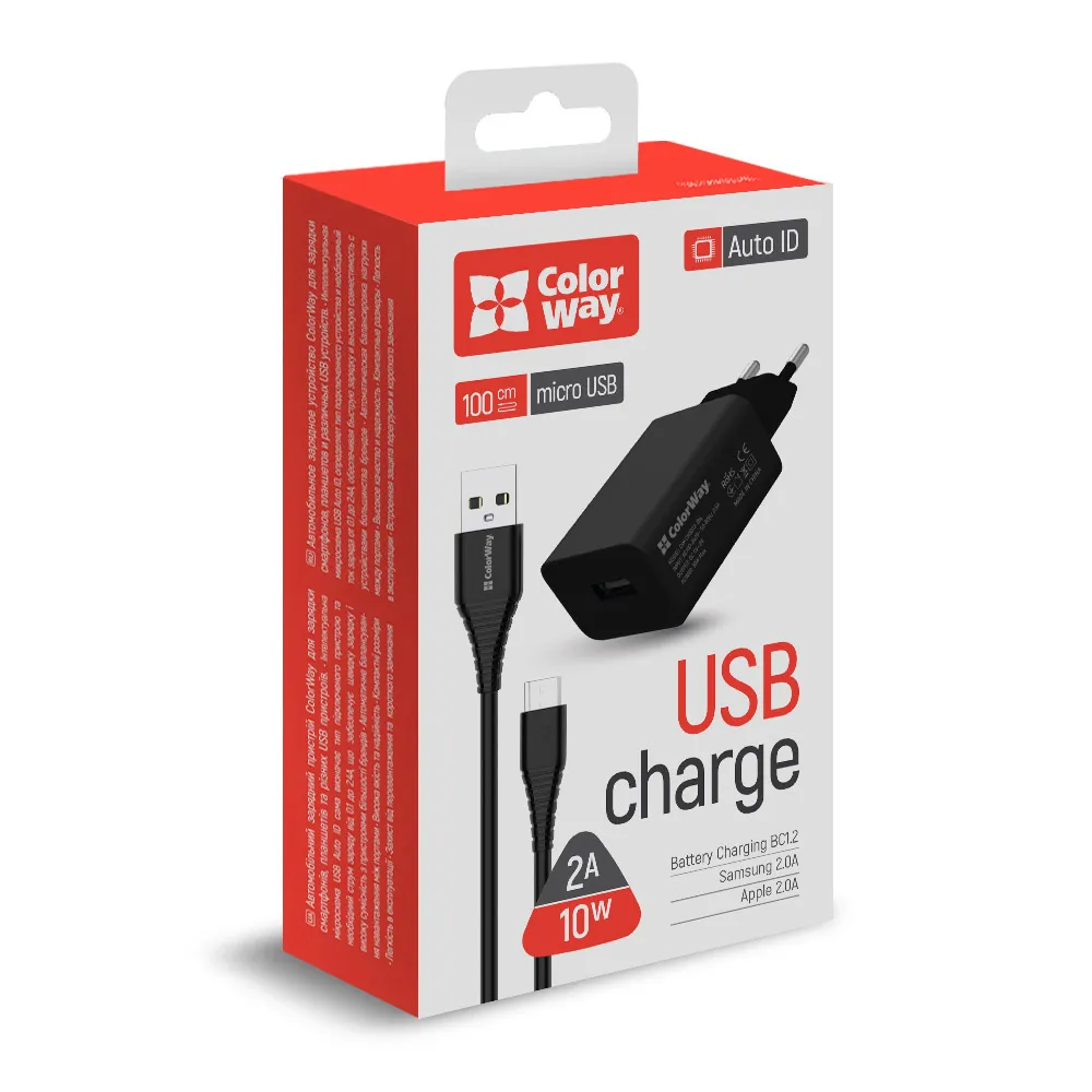 Мережевий зарядний пристрій ColorWay (1USBx2A) Black (CW-CHS012CM-BK) + кабель MicroUSB - мініатюра 3