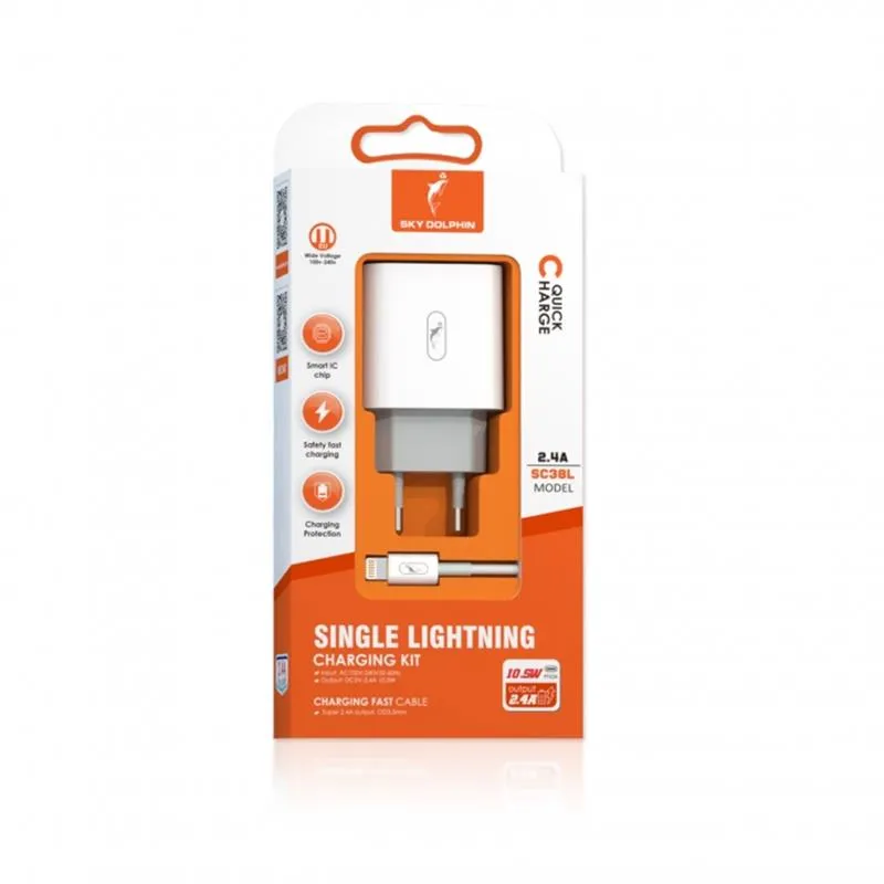 Мережевий зарядний пристрій SkyDolphin SC38T (USB TYPE-Cx2.4A) White (MZP-000182) + кабель Lightning - мініатюра 2